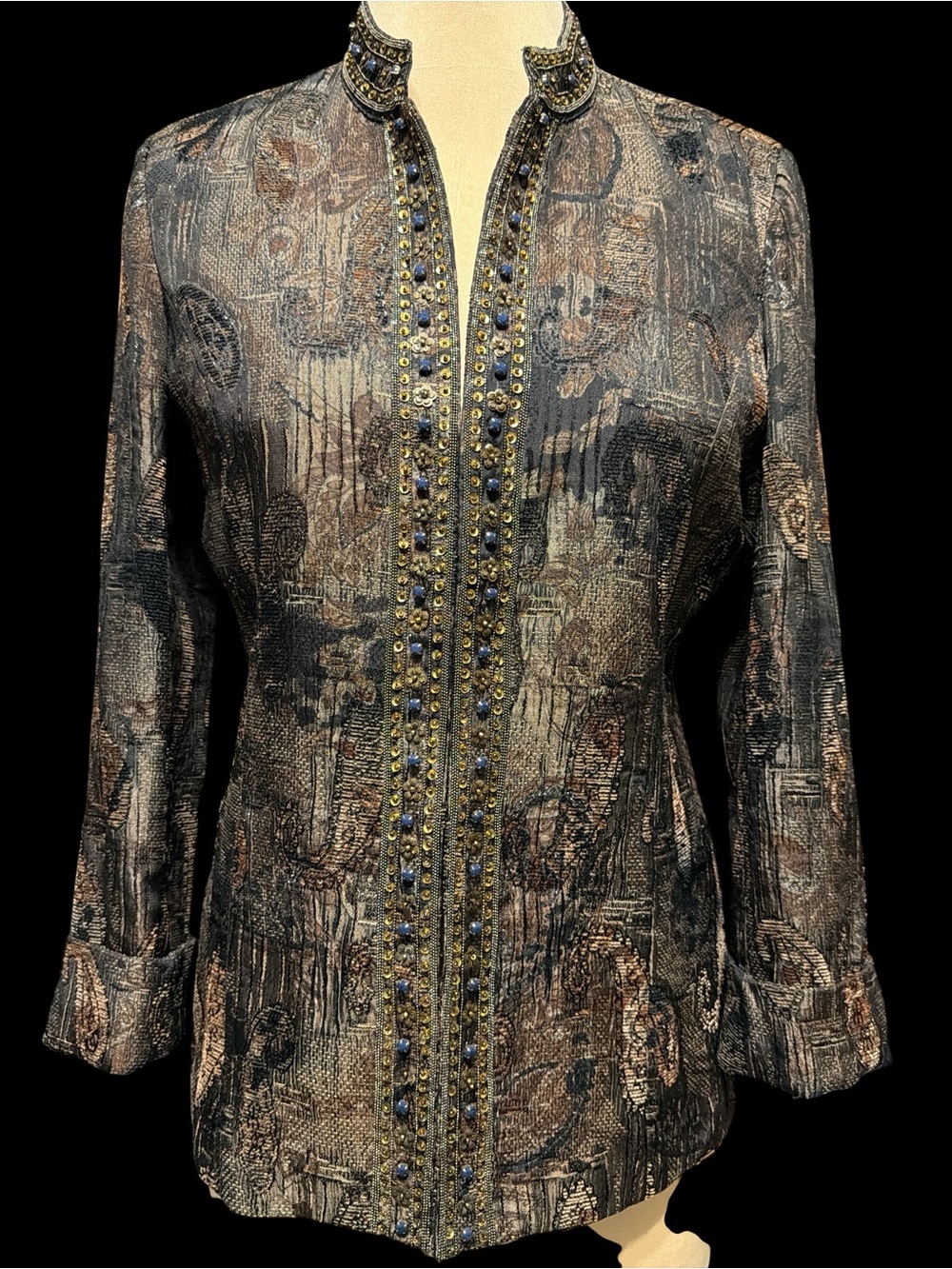 Chico's Beaded Metallic-Patterned Button-Down Jacket - Black, Brown, Gold
